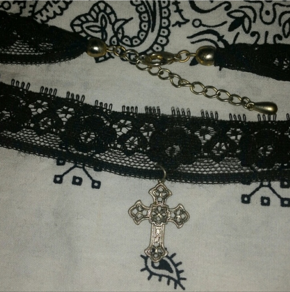 Elegant Black Lace Choker Necklace with Silver Cross Pendant